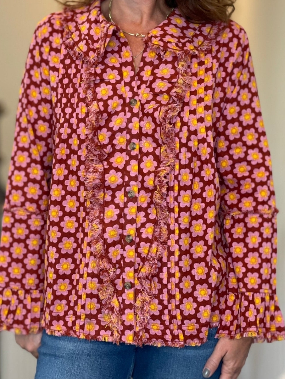 Ivy Jane Floral Ruffle Poetry Blouse Top Size Large Bohemian Size Large